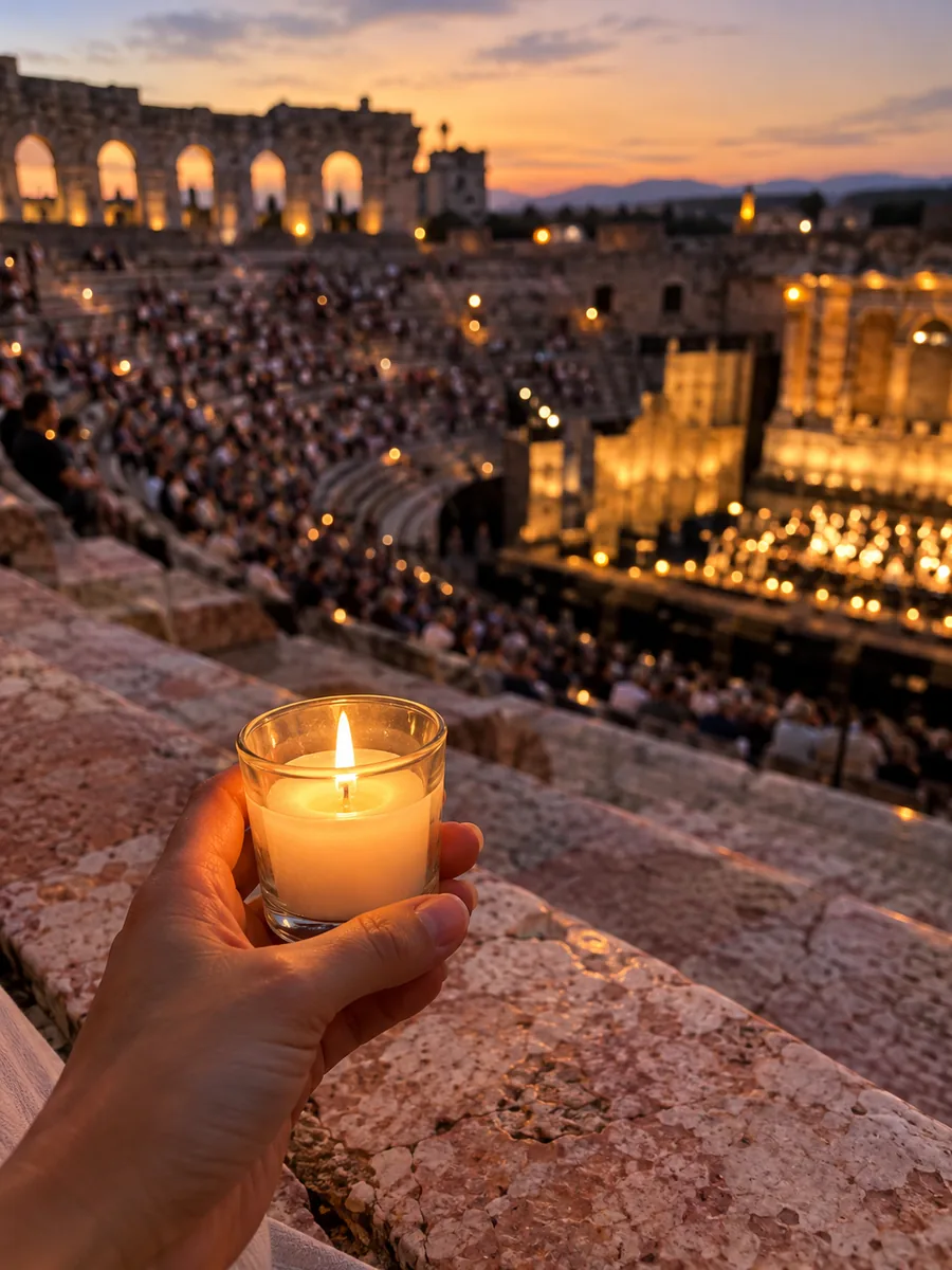Illustrazione di una candela tenuta sulla gradinata in pietra dell'Arena di Verona al crepuscolo, con il palco illuminato sotto
